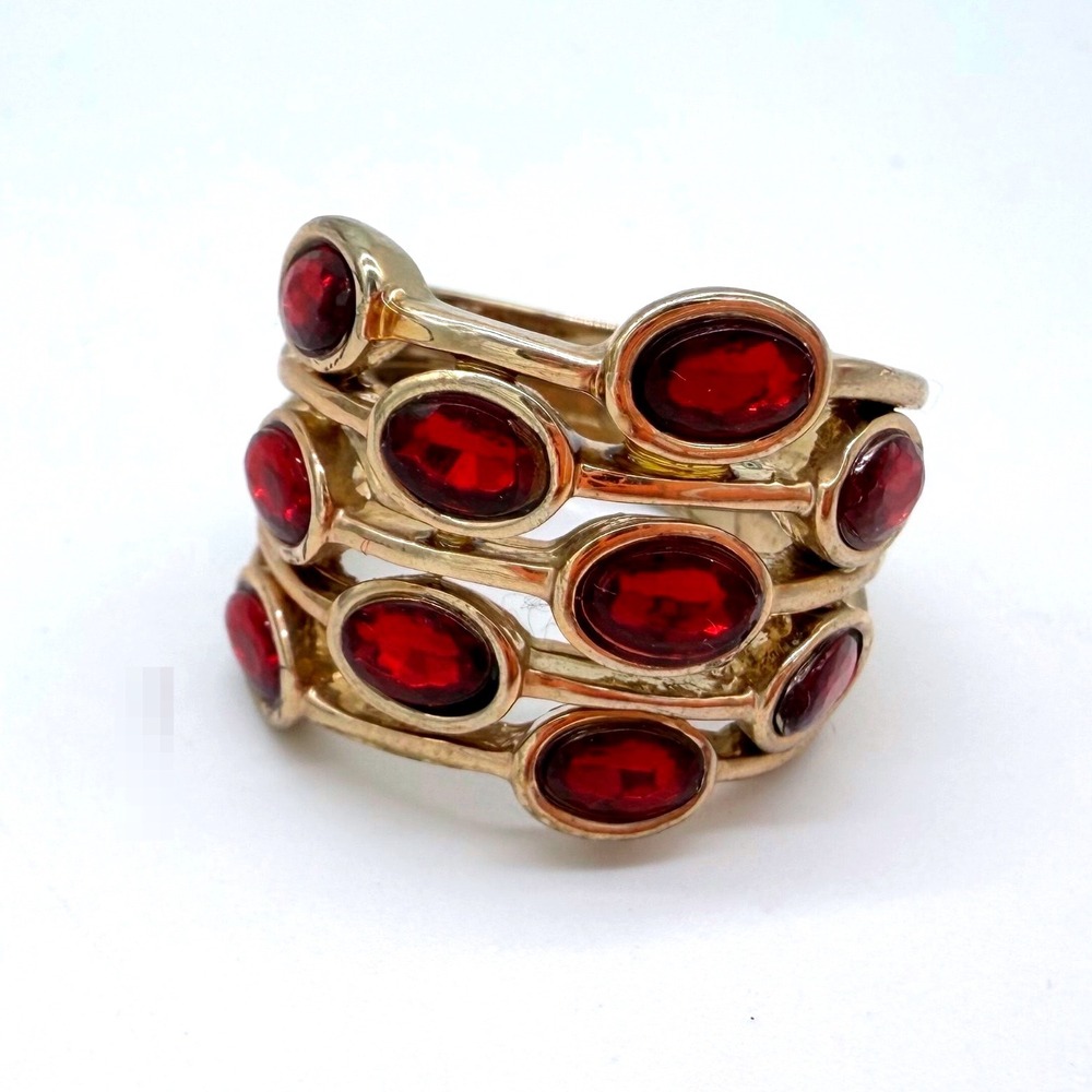 Vintage Adjustable Red Glass Ring Gold Tone Multi Band Statement Bold